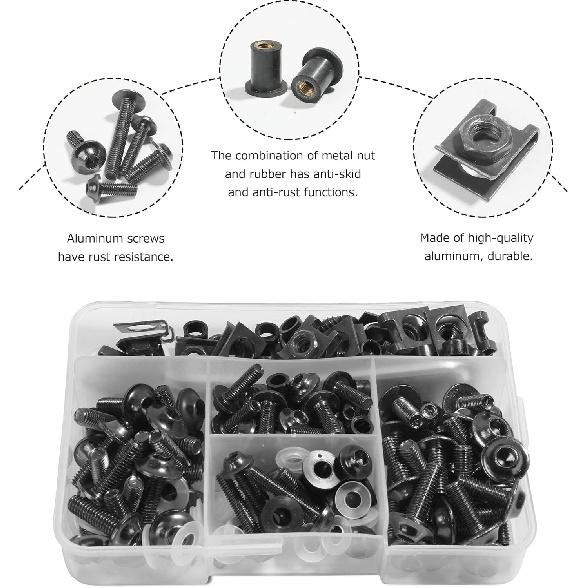 Motorcycle Fairing Bolt Kit,Car Accessories Fairing Bolt Kit,177 PCS Motorcycle Fairing Cowling Screws Bolts,Aluminum Fairing Bolts Nut Clips