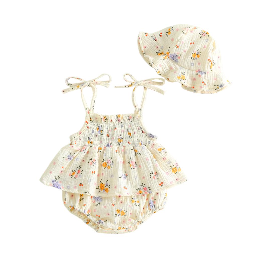 Citgeett Summer Infant Baby Girls Sleeveless Bodysuit Dress Casual Floral Heart Prints Tie-Up Straps Jumpsuit Cute Sun Hat Set