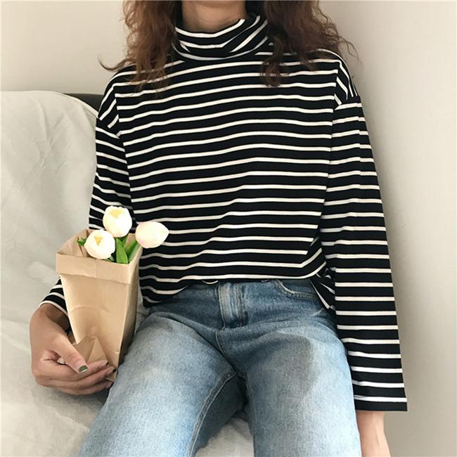 

Осенние повседневные модные полосатые водолазки с длинным рукавом, винтажные пуловеры, свободный милый свитер Harajuku M чёрный