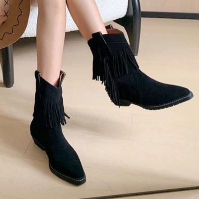 WinterWomen's Shoes Western Cowboy Boots Warm Tassel Solid Color Versatile Pointed Toe Low Heel Ankle Boots