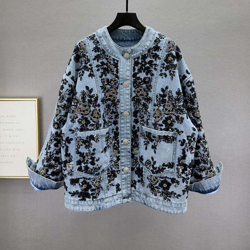 2026 Fall Winter Heavy Embroidered Sequin Denim Jacket Women Vintage Streetwear Trendy Outerwear