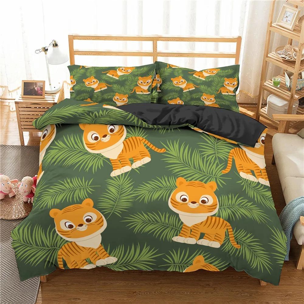Jungle Animal Duvet Cover King Queen Tropical Plants Palm Leaves Bedding Set Kids Tiger Wildlife 23pcs Polyester Quilt Cover