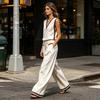 Summer 2 Piece Linen Sets for Women, V Neck Sleeveless Tank Top And Wide Leg Pants Matching Sets, Color Block Lounge Outfits with Pockets