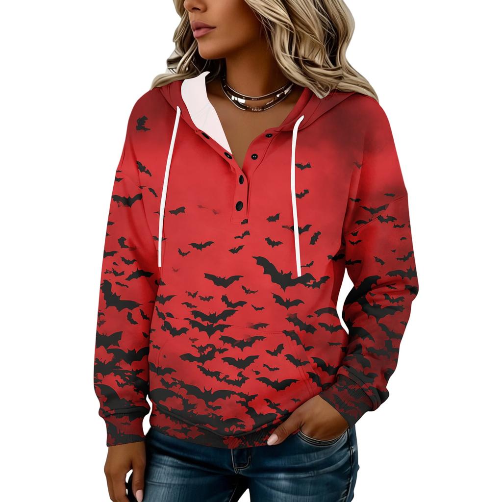 Women's Halloween Print Hoodie Button Front Long Sleeve Sweatshirt