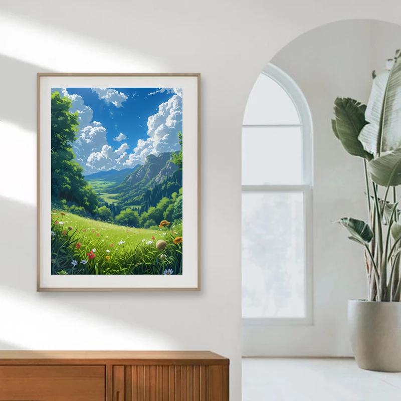 Peisaj Natural Pădure Floare Colibă Pârâu Cascadă Copaci Vedere Munte Poster Pictură pe Pânză Artă de Perete Imagini Decor Acasă