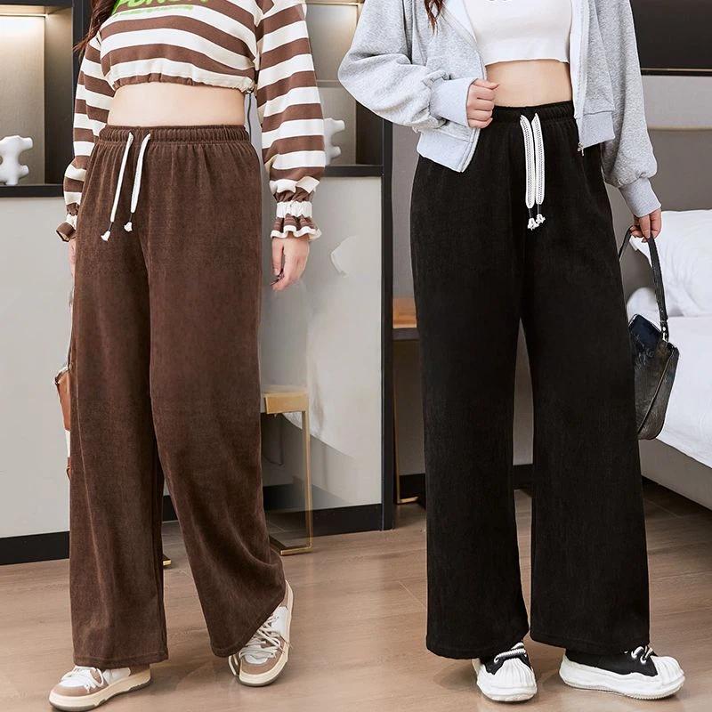 Pants for Women Plus Size Thickened Stretchy Elastic High Waist Long Trousers Solid Colour Fleece Casual Wide Leg Pants
