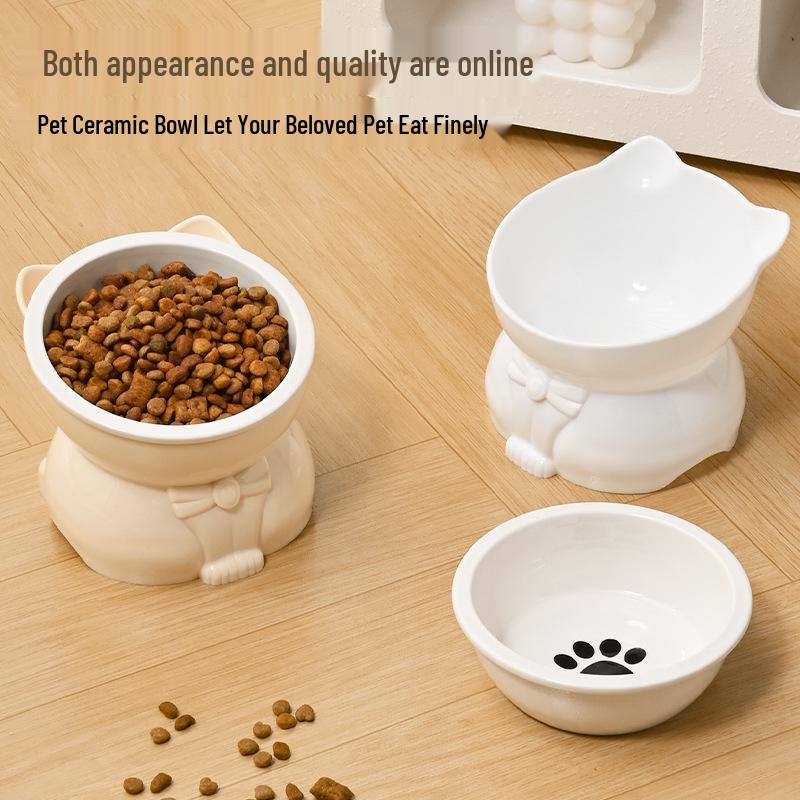 Ceramic Cat Food & Water Bowl with Slanted Mouth and Elevated Design