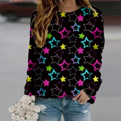 Fall Autumn Women'S Fashion O Neck Long Sleeve T-Shirt Loose Clothes Five-pointed Star Print T Shirt