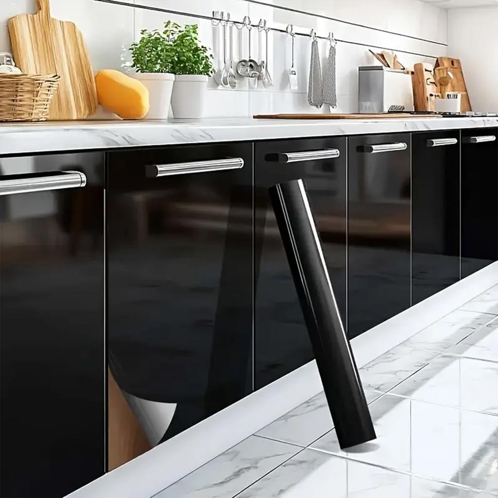 Glossy PVC Self-Adhesive Film - Pearl/Black Waterproof Vinyl for Wardrobe, Kitchen & Furniture - DIY Peel & Stick Wallpaper