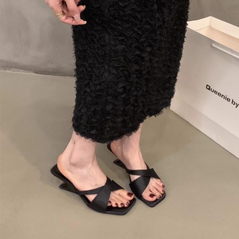 Cool slippers summer slope heel one word silver square head niche thin strap cross women's outer wear slope heel sandals