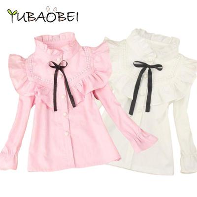 Printemps automne filles Blouse école hauts coton col roulé à manches longues blanc Blouse mode classique enfants adolescents vêtements 3-16 ans