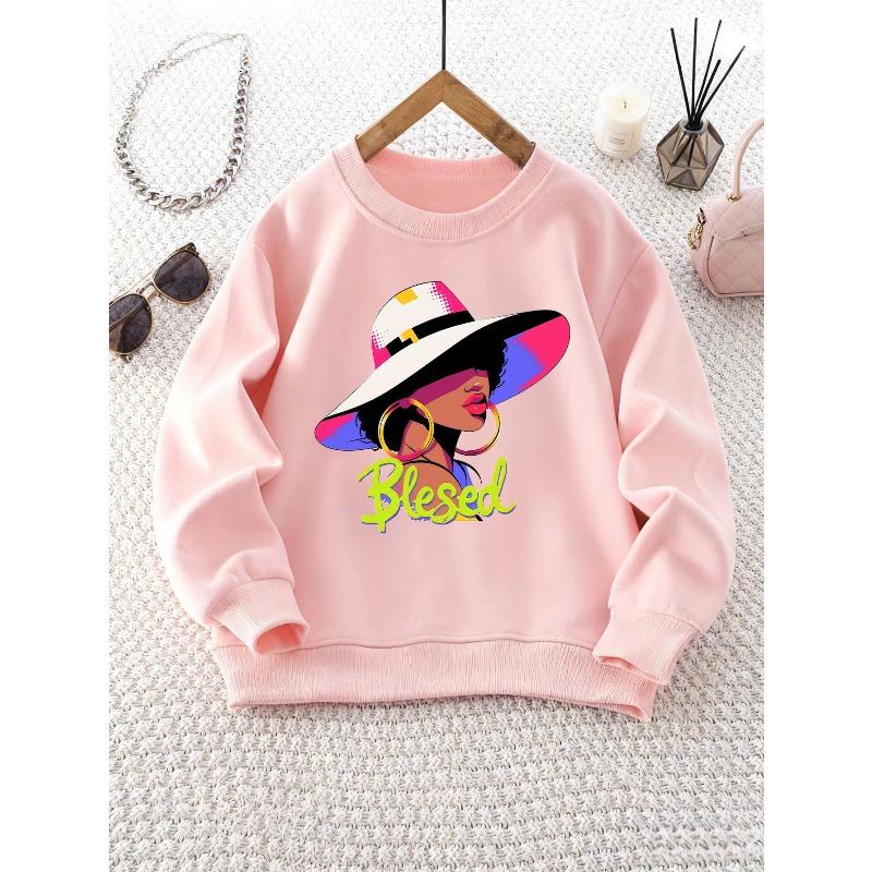 Girls' Crew Neck Sweatshirt | Cartoon Character Print with "Blessed" Letter Design, Casual Fit, Perfect for Fall/Winter