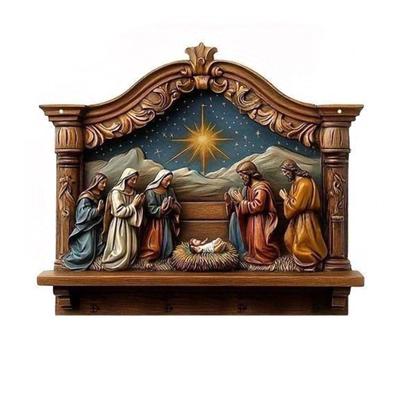 Wooden Christian Key Holder 2D Flat Jesus Communion Art Keychain Rack with 4 Hooks Religious Wall Mounted Key Rack for Entryway Home Decor