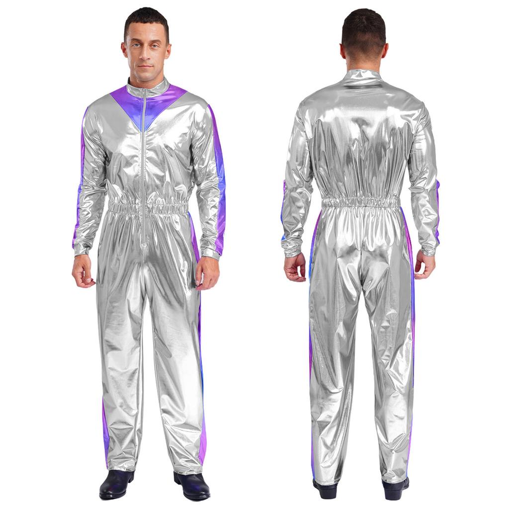 Combinaison de fête scintillante pour homme M-3XL: Body Brillant avec Bloc de Couleurs & Taille Élastique, Manches Longues Mode pour Club & Événements