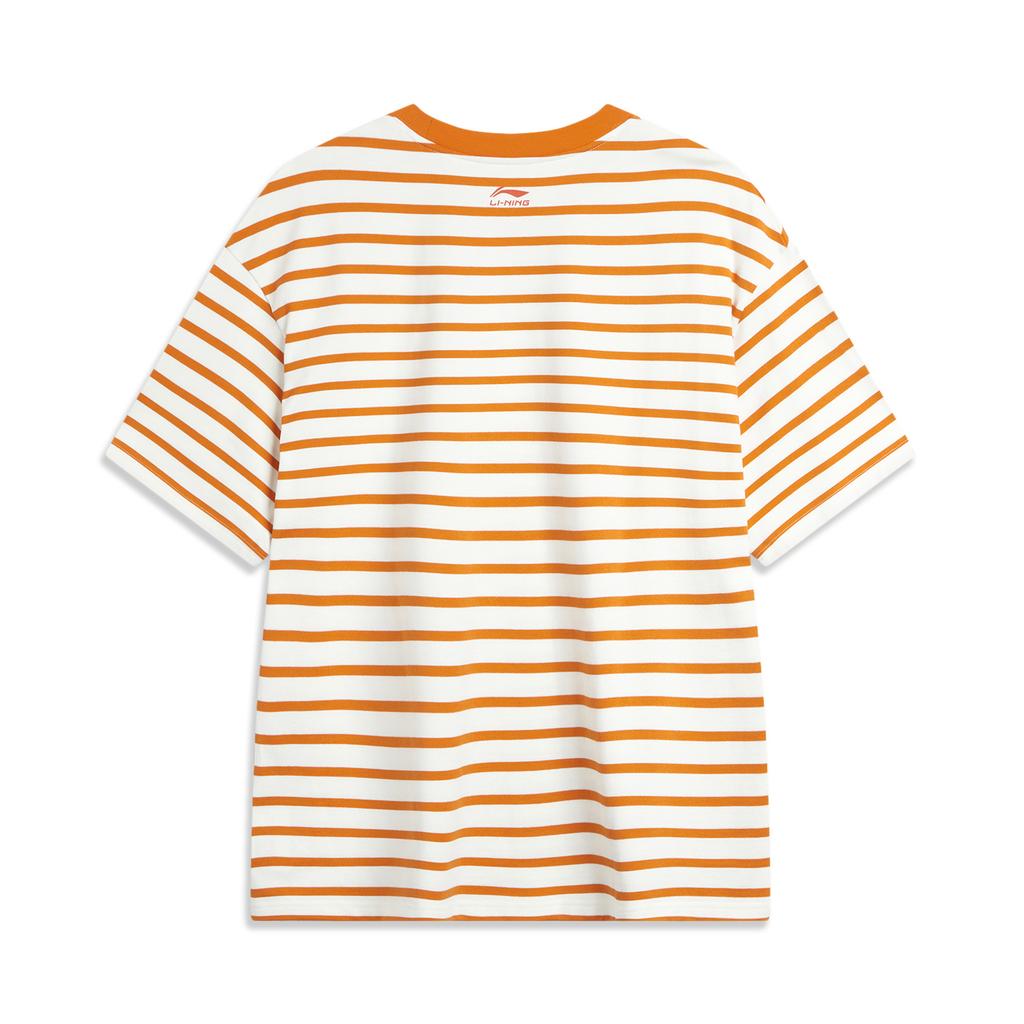 Li-Ning Weekend Youth Striped Crew Neck Casual Loose Short Sleeve Comfortable Soft T-Shirt Unisex Tops Off-White Burnt-Orange AHSU659-1
