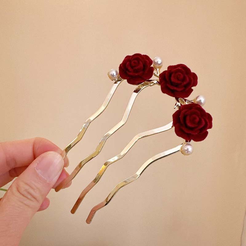 Vintage Red Velvet Rose Flower Hair Stick For Women Girls Elegant Metal U-shaped Hairpin Hanfu Headwear Hair Accessories