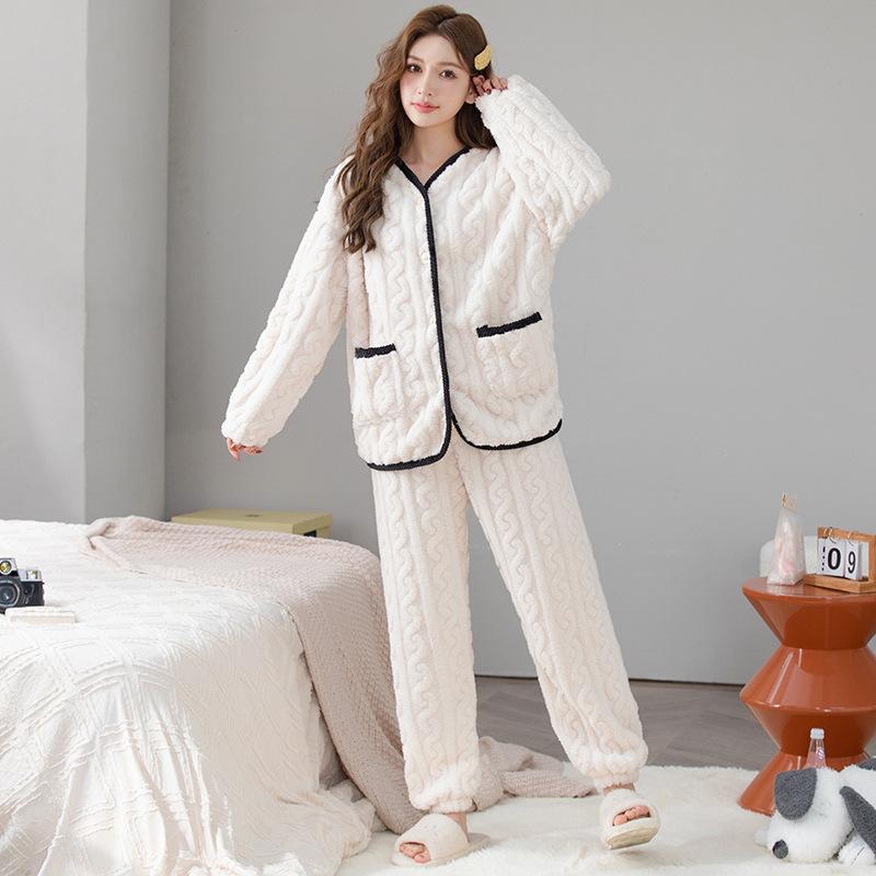 Winter Women Pajamas Set Jacquard Fluffy Lady Sleepwear Elegant Plain White V-neck Lapel Thermal Pijamas Casual Nightwear
