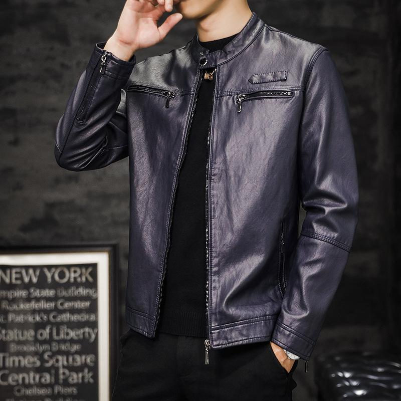 New Velvet Leather Jacket, Wire PU Leather, Men's Autumn and Winter Leather Jacket, Motorcycle Jacket, Stand Collar, Fashionable