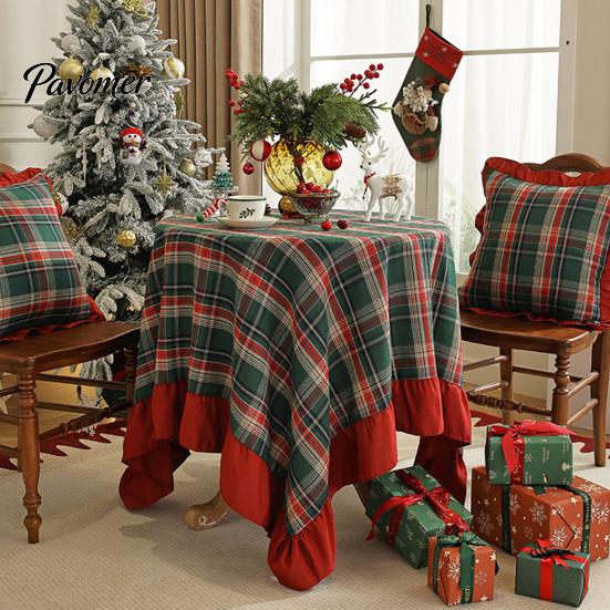 Holiday Home Table Linens Retro Plaid Christmas Runner, Red Ruffled Trim Decorative Mat, Classic British Style Flag & Green Mat for Dining,