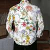 Camisa de Hombre con Cuello Blanco Rosa Estampado Integral de Flores Silvestres Helecho Manga Larga Botones Arriba