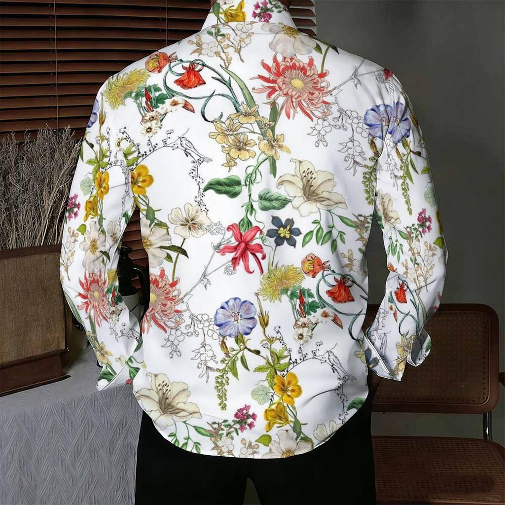 Camisa de Hombre con Cuello Blanco Rosa Estampado Integral de Flores Silvestres Helecho Manga Larga Botones Arriba