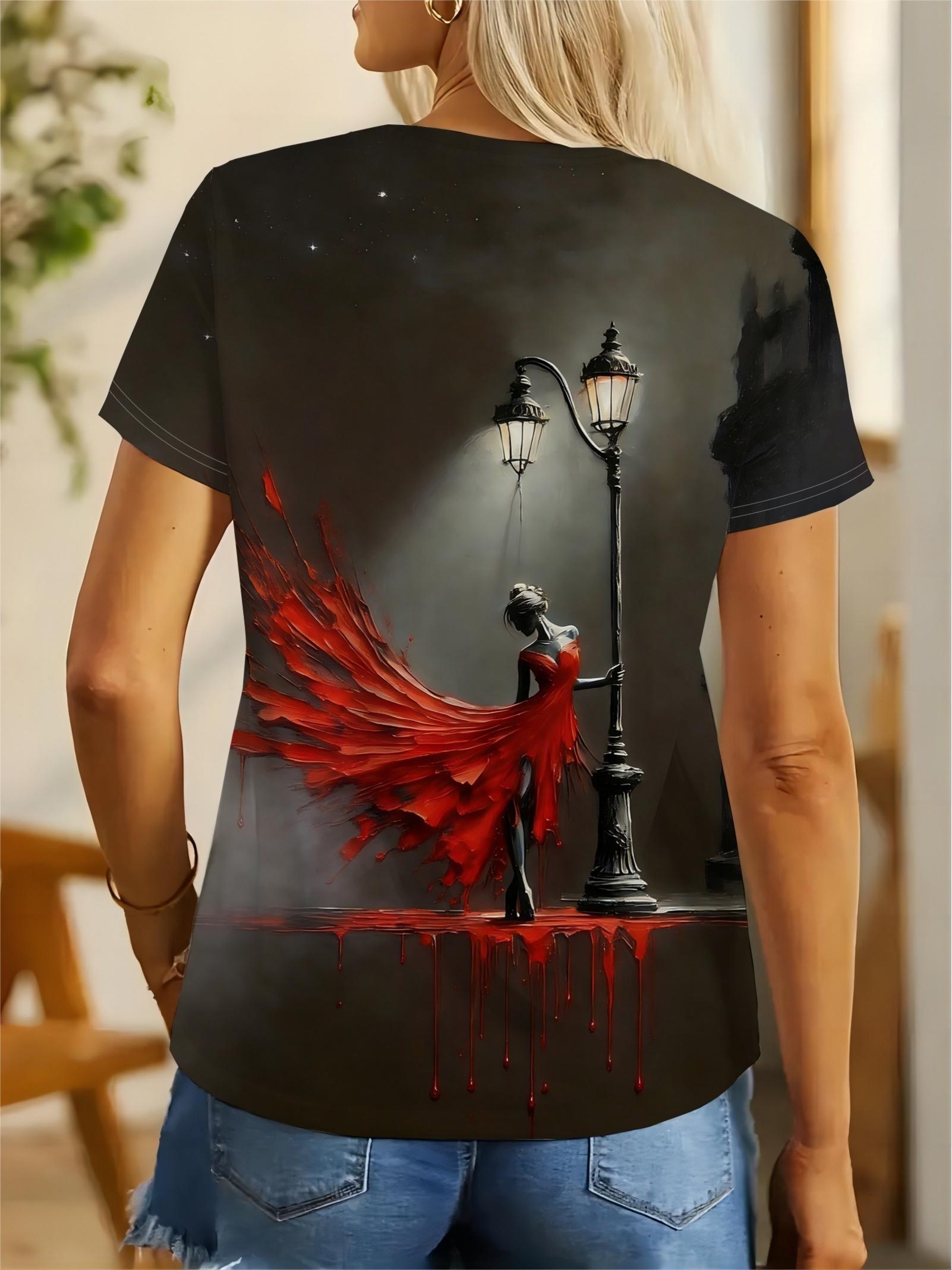

[Printed Design-Not Textured]Atmospheric Streetlight Red Dress Short-sleeve T. Women s Dark Art Style Top. Women s Fashionable Casual Top. Stylish and 2XL дубильна кора