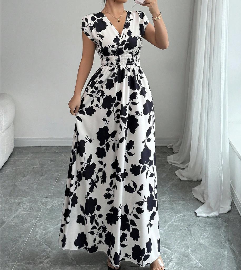 Floral Print V Neck Long Dress With Belt For Summer Casual Womens Wear