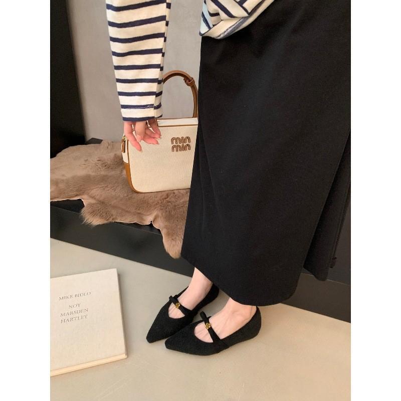 Xiaoxiangfeng pointed head inner height increase fluffy shoes women wear in winter with velvet Mary single shoes cotton ladyshoes