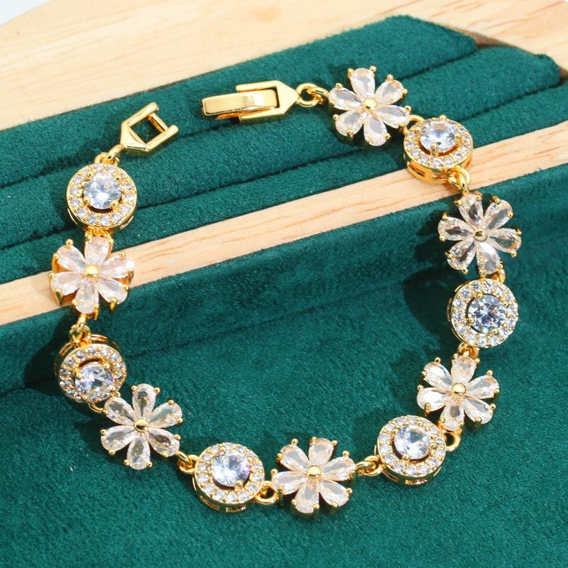 Flowers Korean Edition Jewelry Europe and The United States Hot Zircon Bracelet Earrings Ring Bride Jewelry Set