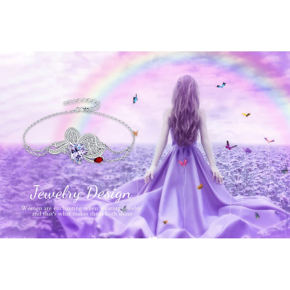 Butterfly Heart Purple Cubic Zirconia Adjustable Bangle Anniversary Engagement Celebration Accessory Popular Red Sterling Silver 925 Ladies Gift