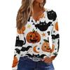 Women's Halloween Print V-Neck T-Shirt with Decorative Buttons Long Sleeve Casual Top