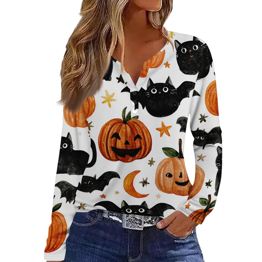 Women's Halloween Print V-Neck T-Shirt with Decorative Buttons Long Sleeve Casual Top