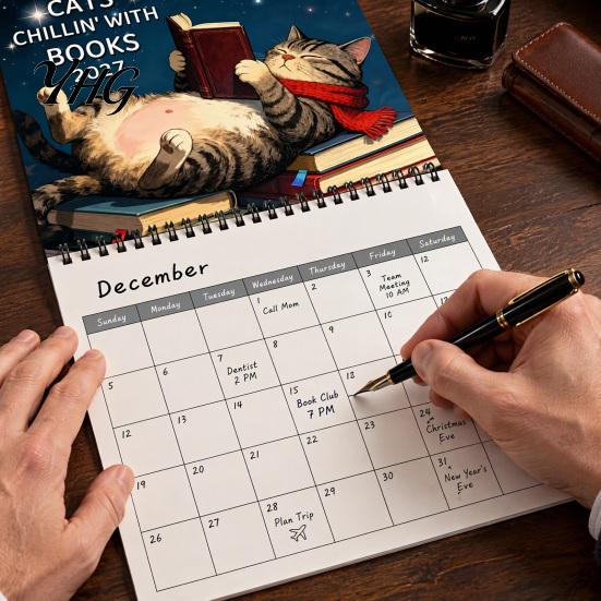 Academic Year Wall Planner 2027 Reading Cat Calendar, 7.87 x Inch Monthly Hanging Large Writing Grid with Thickened Paper And Spiral Binding for Home