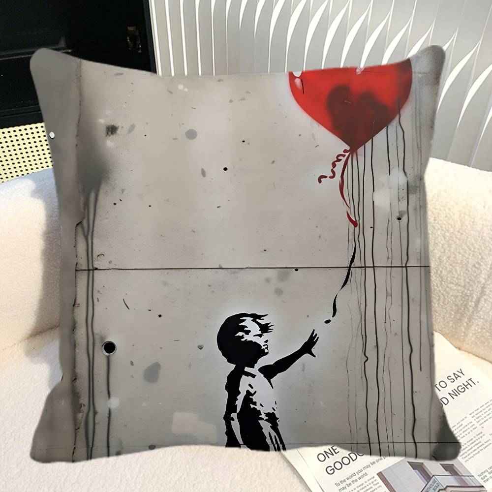 Street Graffiti Banksy Boy Girl With Balloon Pillow Case Square Pillow Bedroom Sofa Leisure Comfort Cushion Car Home Decoration