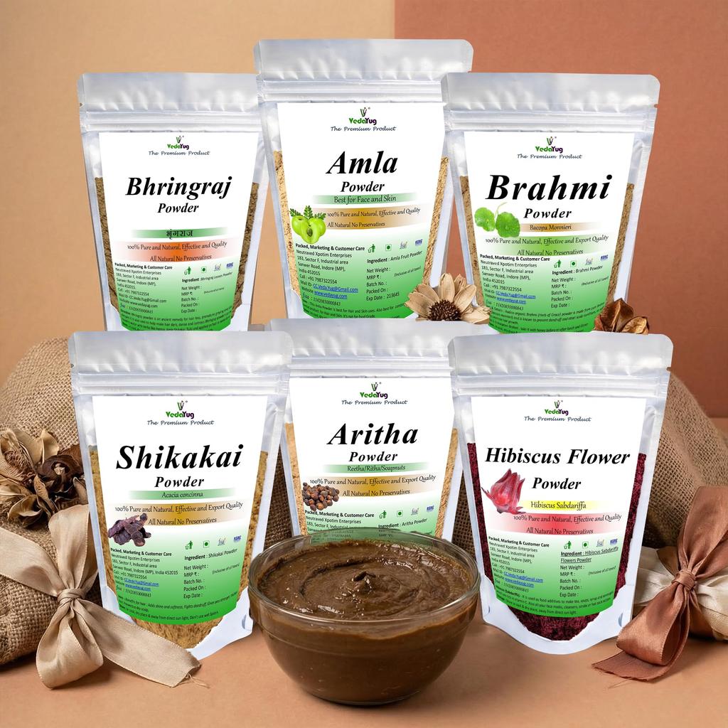 Confezione Combo VY YedaYug di Polvere di Brahmi Amla Reetha Shikakai Bhringraj Ibisco | Confezione da 6 x 100g | Prodotti e Maschera per la Cura dei Capelli | Cuoio Capelluto Erboristico