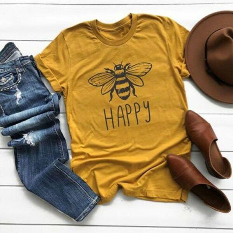 

Funny Bee Letter Print Women T Shirts Loose Soft Short Sleeve Graphic Tee Summer 3XL жёлтый