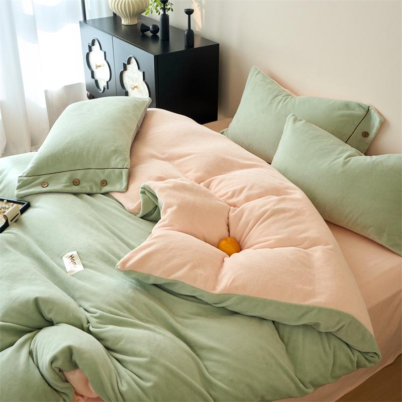 Thickened Milk Fleece Four-Piece Set, Button Coral Fleece Quilt Cover, Bed Three-Piece Set, Fleece Sheet Quilt Cover