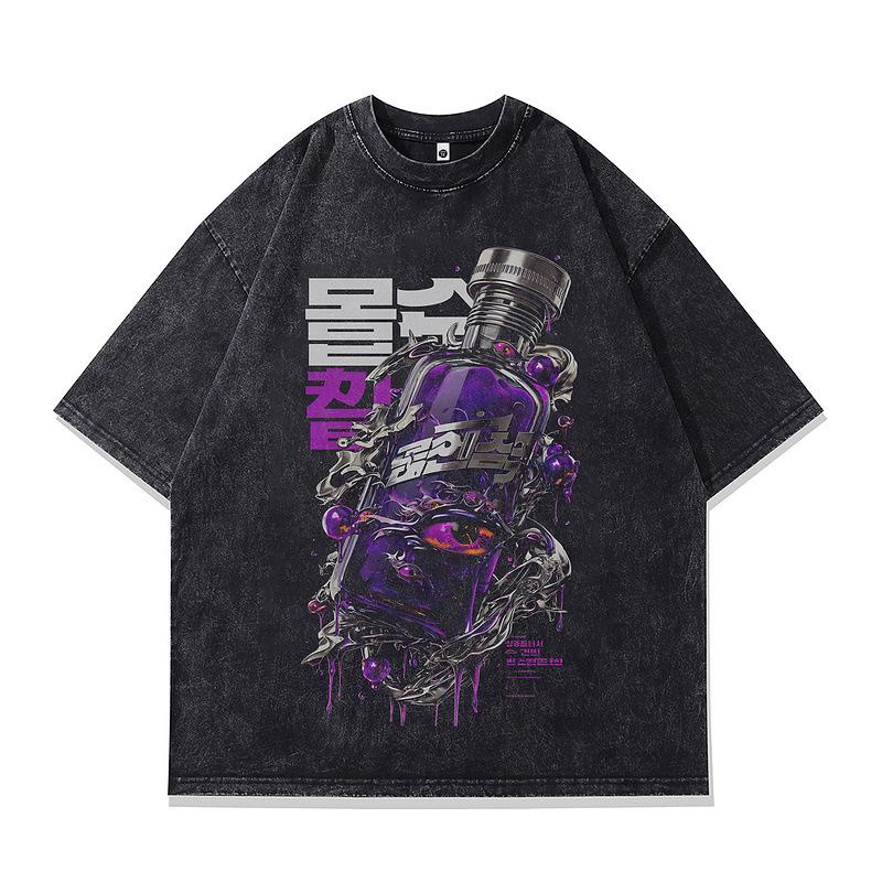 Summer New Men'S T-Shirt Dark Wind Japanese Abstract Printing Washed Retro Short-Sleeved Vintage T-Shirt For Men And Women