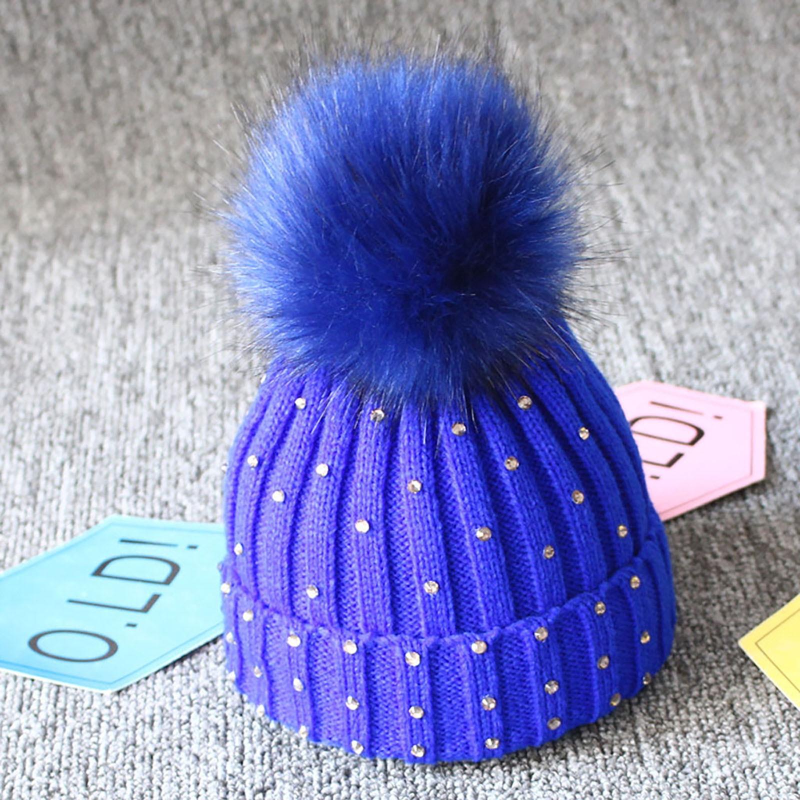 

Детская теплая зимняя шерстяная вязаная шапка с шерстяной окантовкой в ​​горошек One size синий