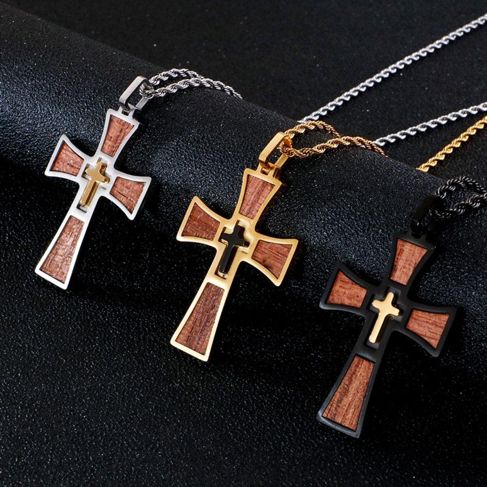 Wood Inlay Crucifix Pendant Titanium Steel Catholic Necklaces Pendant  Spiritual Meditation