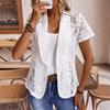 Ladies Short Sleeve Tailored Collar Lace Hollow Out Solid Color Cardigan Jacket Suit Coat