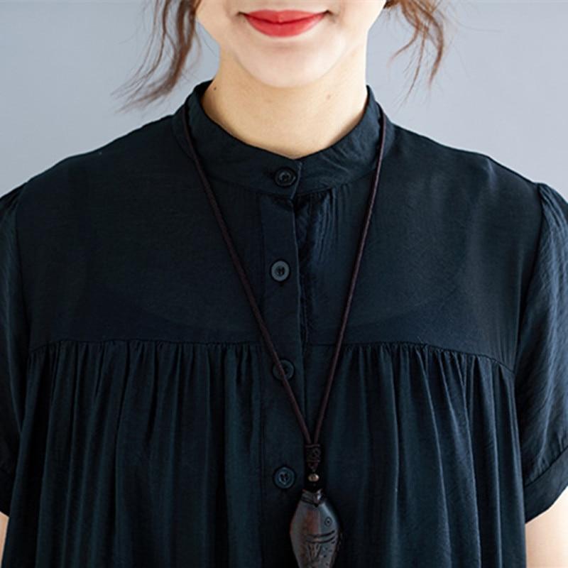 Johnature Solid Color Stand Collar Short Sleeve Button Loose Casual Long Thin Women Dresses Summer Causal Korean Dress