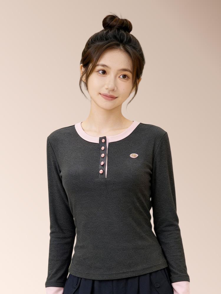 

Color Block Round Neck Long Sleeve Women s T-shirt - 2026 Spring/Autumn Slim Fit Versatile Base Layer Extra Large темно-серого