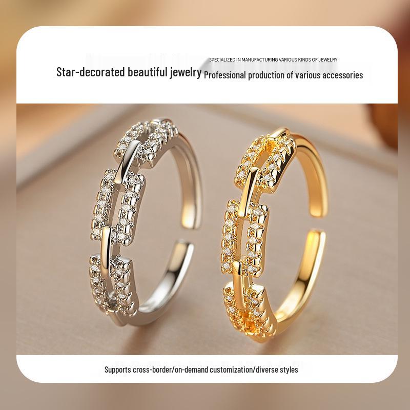 Korean Style Luxury Zircon Chain Adjustable Open Ring for Women