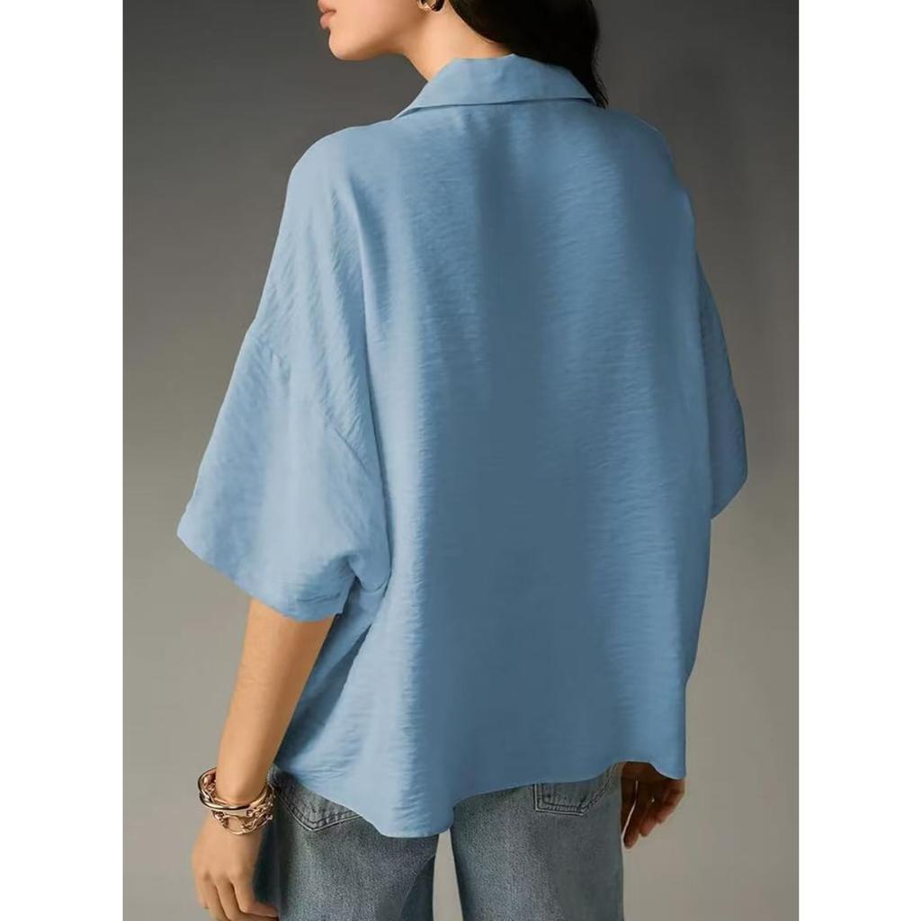 Women's, Summer New Style, Short Sleeved, Lapel, Casual, Loose Fit, Top, Solid Color Shirt
