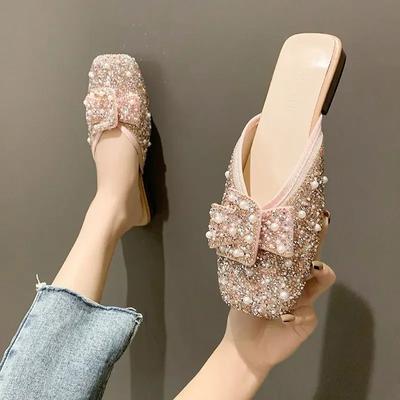Brokat Eleganckie Buty Muły dla Kobiet Sandały Modne Obcasy Kryształki Cekiny Kapcie Lato Nowość 2024 Płaskie Kapcie Wygodne