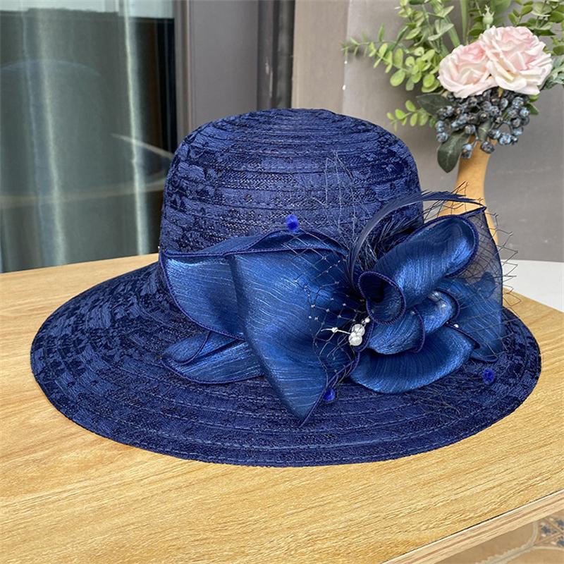 

New Bucket hat Fashion Women Summer Organza Sun Hat Wide Brim With Big Flower Fedora Hat Elegant Ladies Wedding Church Party Hat M 56-58
