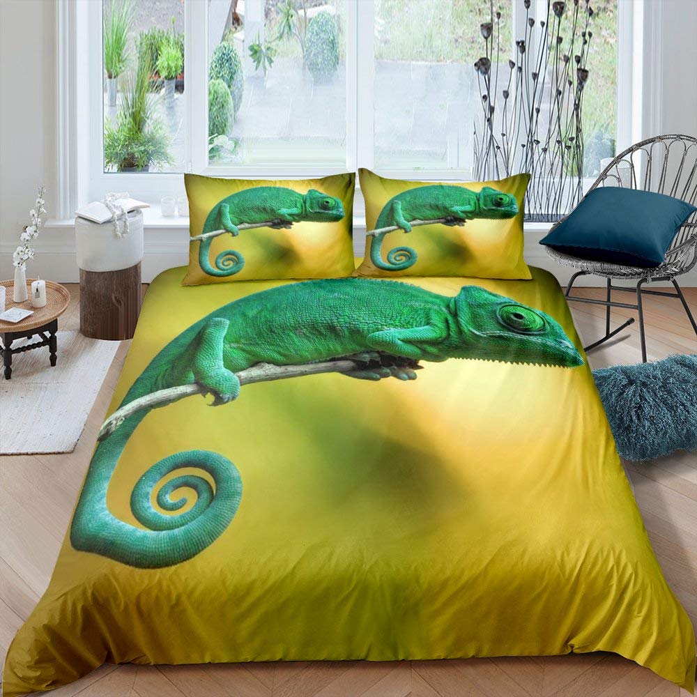 Lizard Duvet Cover Set Reptile Bedding Sets King Size for Boys Girls Toad Tropical Animal Purple Floral Exotic Comforter Cover