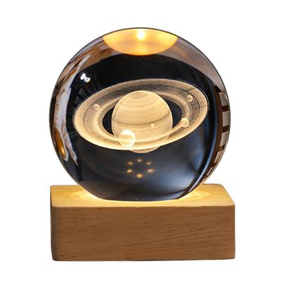 3D Engraved Small Glass Ball Decor with Wooden Base Warm Light Nightlight USB Charging Glass Ball Night Lamp for Bedroom Decor