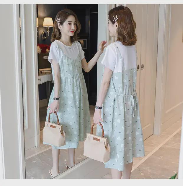 Korean Style Maternity Dress - Loose, Large Size, Medium To Long, Knee-Length Two-Piece for Summer & Autumn